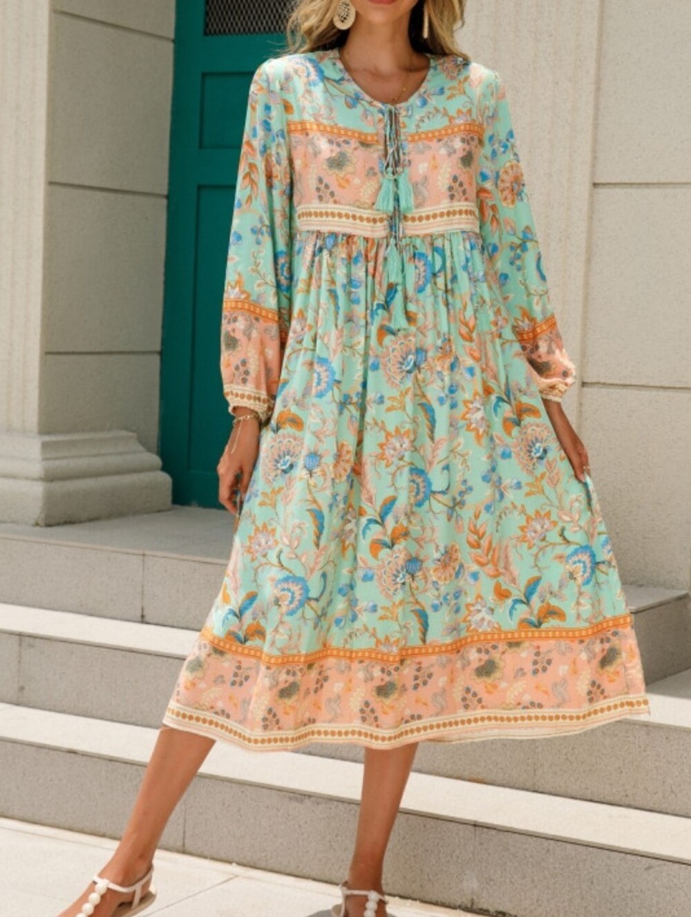 Boho Floral Midi Dress in Mint and Peach Elastic Wrist Tassel Tie Chest Sz XL